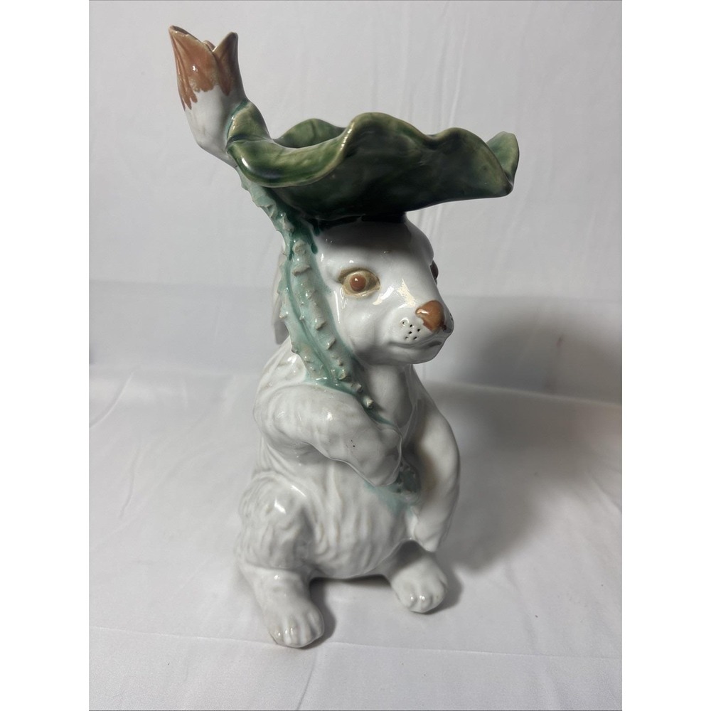 Vintage White Rabbit Cactus Flower Majolica Art Pottery Figural Vase Figurine
